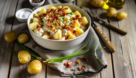 Lun kartoffelsalat med sprøde bacontern og frisk purløg