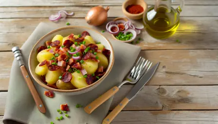 Lun kartoffelsalat med sprødstegt chorizo og frisk purløg