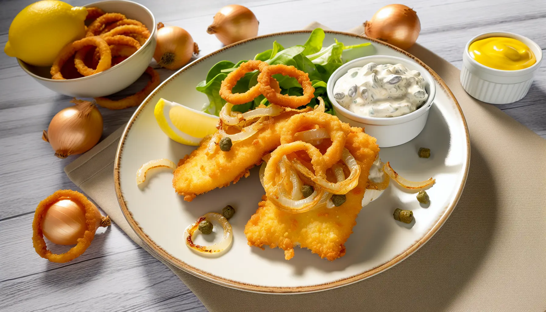 Lune fiskefileter med citron-remoulade og karamelliserede løgringe