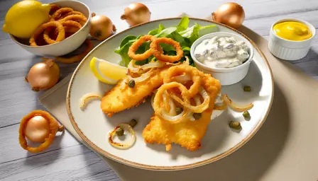 Lune fiskefileter med citron-remoulade og karamelliserede løgringe