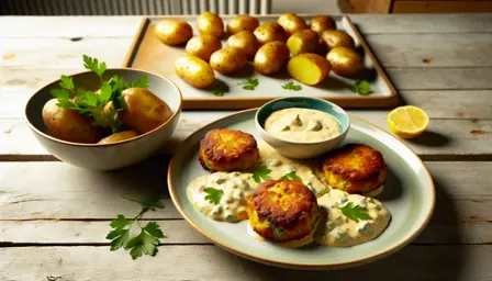 Lune Fiskefrikadeller med Cremet Persillesovs og Ovnbagte Kartofler