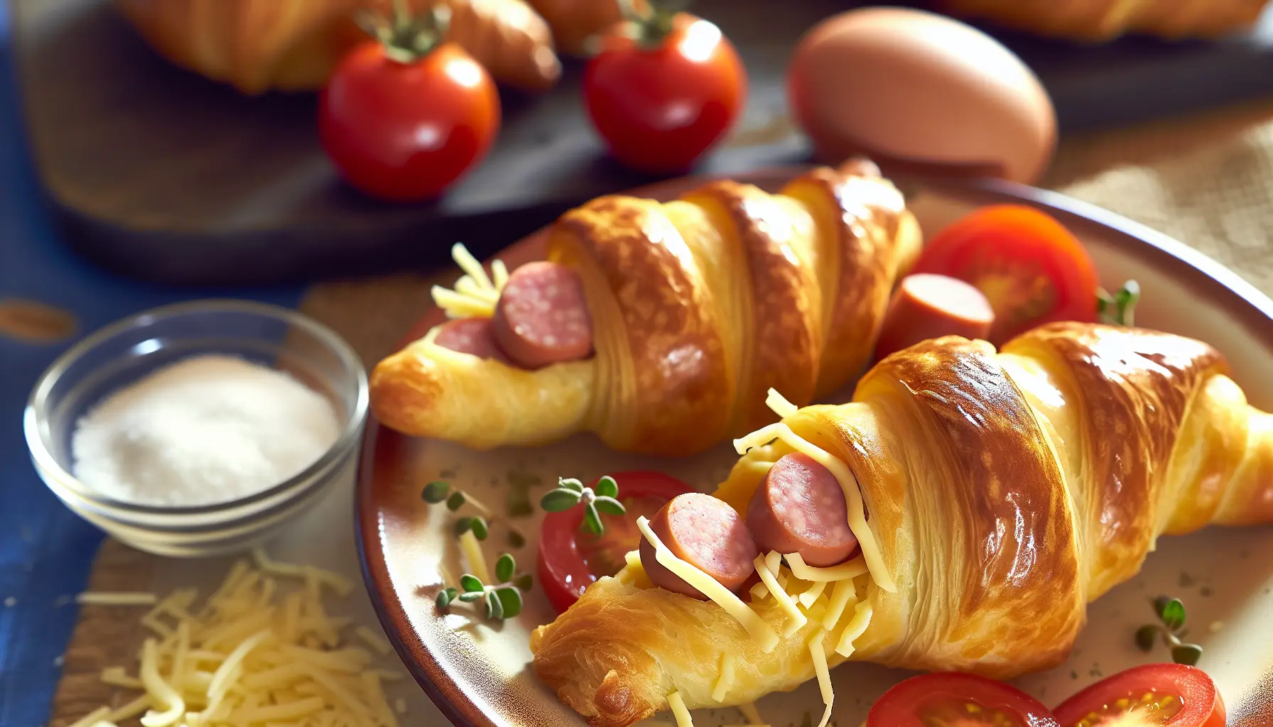 Lunende sprøde pølsehorn med ost og tomat
