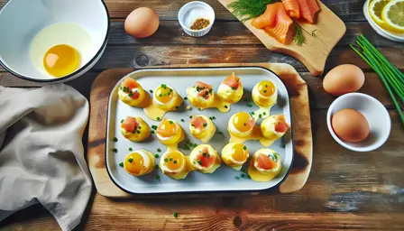 Luksuriøse Æggekagebites med Røget Laks og Purløg