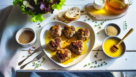 Mørke hjerteformede kyllingefrikadeller med honning- og sennepsglasur