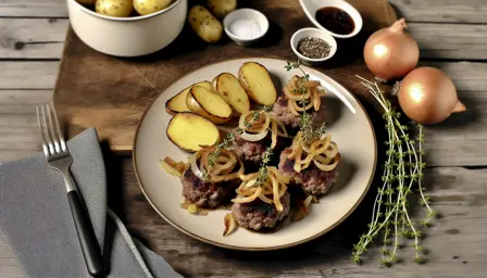 Mørklassiske Hakkebøffer med Karamelliserede Løg og Sprøde Stegte Kartofler