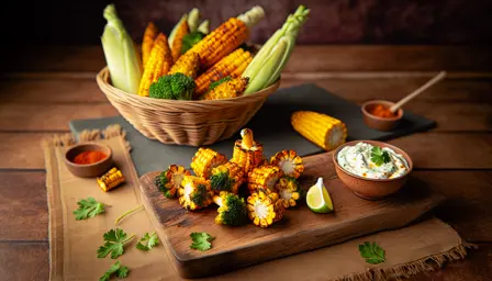 Røgede grillmarinerede majs og sprød broccoli med krydret yoghurtdip