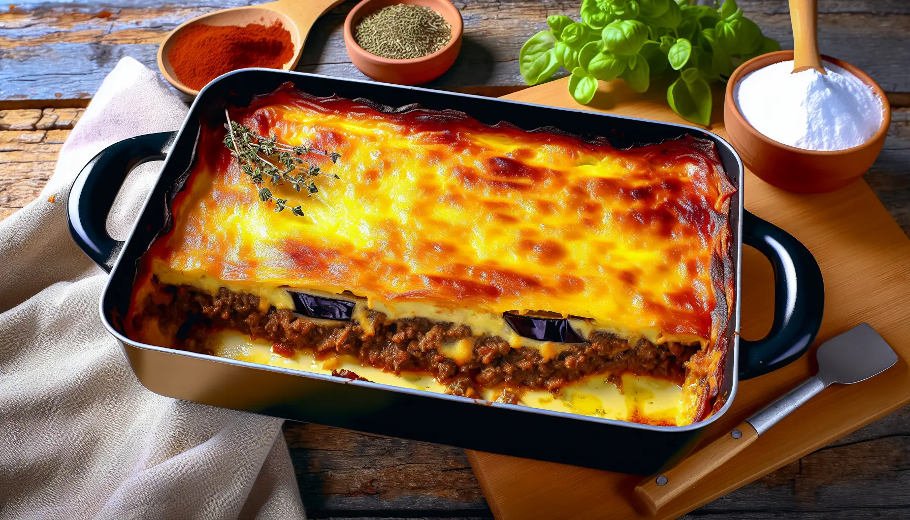 Saftig moussaka med krydret oksekød