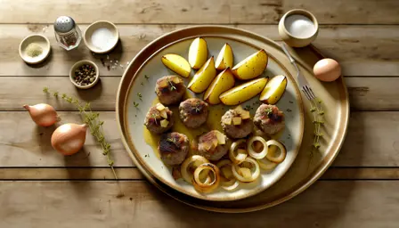 Saftige farsdagsfrikadeller med karamelliserede løg og smørstegte kartofler