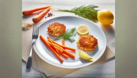 Saftige fiskefrikadeller med sprøde gulerodsstave på tallerken