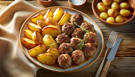 Saftige frikadeller med karamelliserede ovnbagte kartofler