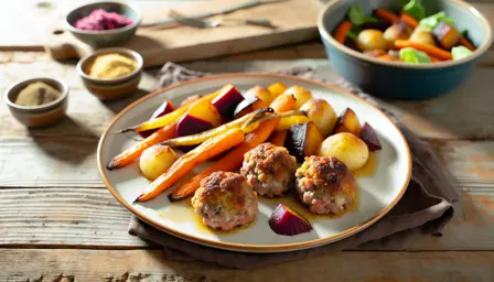 Saftige frikadeller med krydret ovnbagt rodfrugtmix