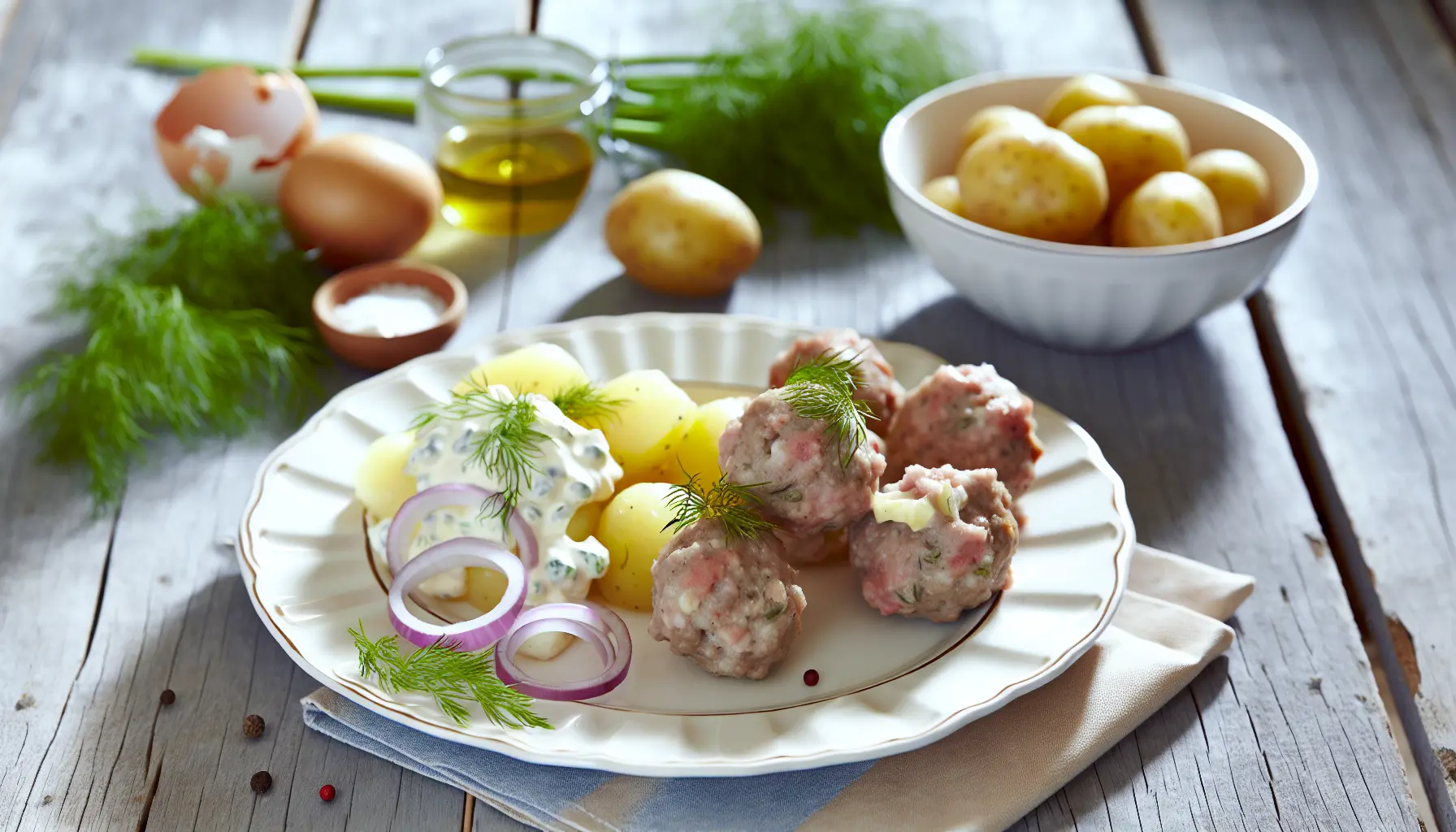 Saftige frikadeller med cremet kartoffelsalat