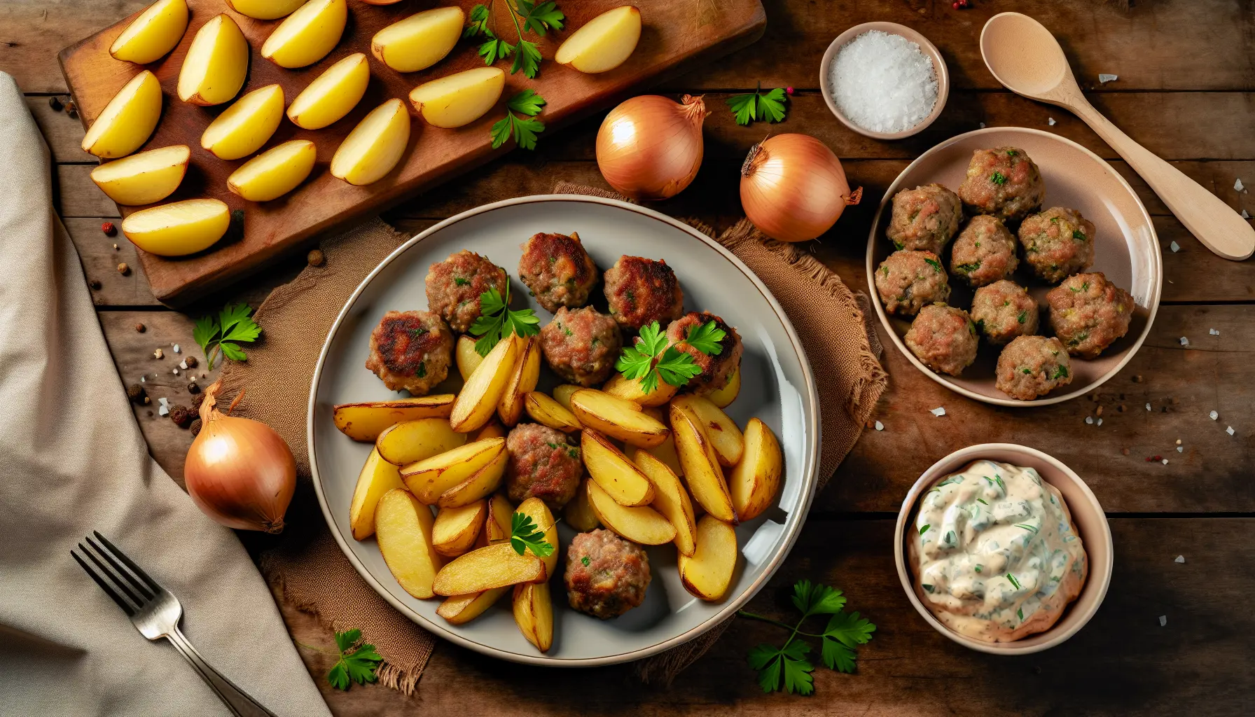 Saftige frikadeller med gyldne ristede kartofler i airfryer