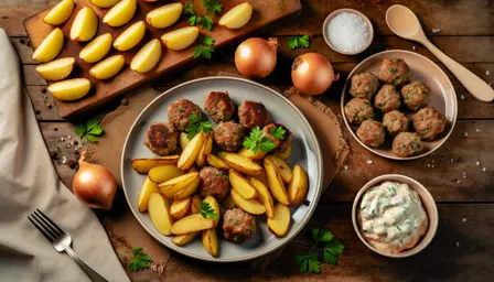 Saftige frikadeller med gyldne ristede kartofler i airfryer