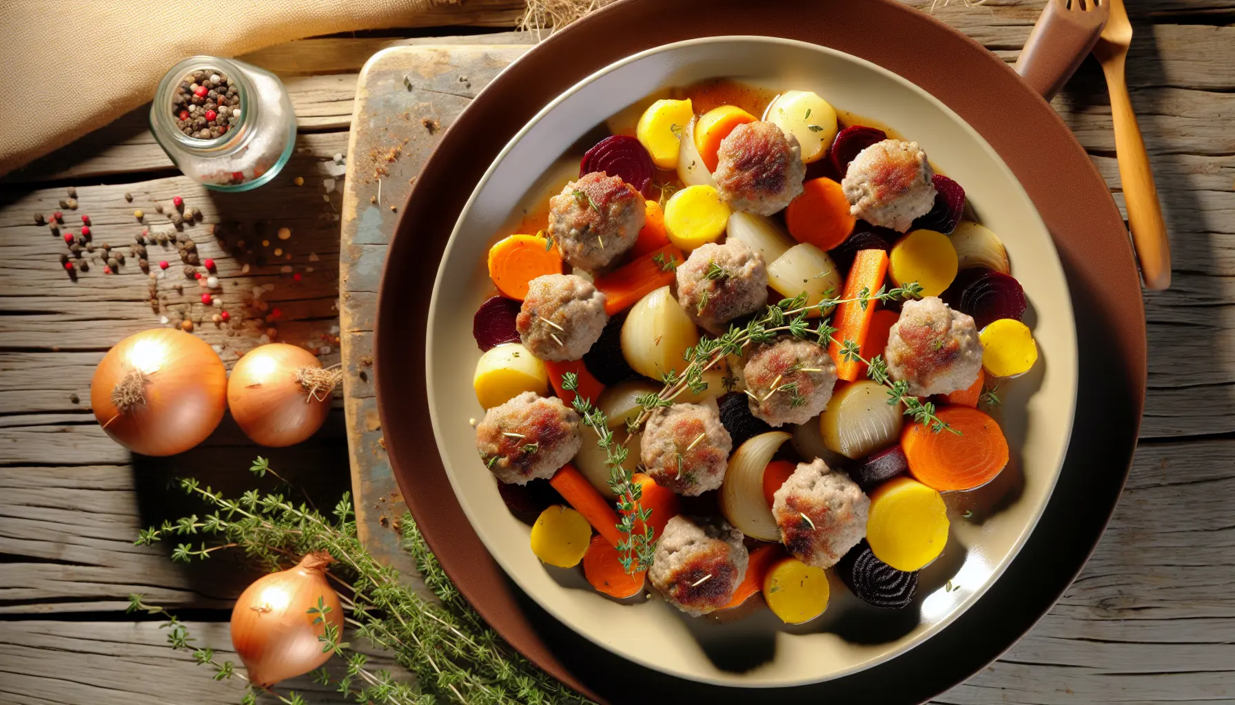 Saftige frikadeller med karamelliserede rodfrugter i airfryer