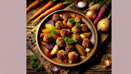 Saftige frikadeller med krydret ovnbagt rodfrugtbuket