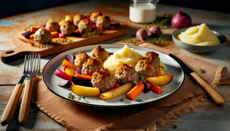 Saftige frikadeller med ristede rodfrugter og cremet kartoffelmos