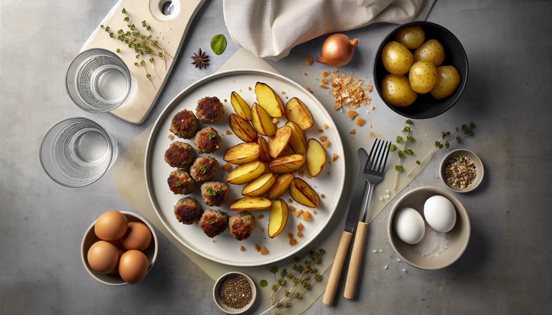 Saftige frikadeller med sprøde ristede kartofler på hvid tallerken