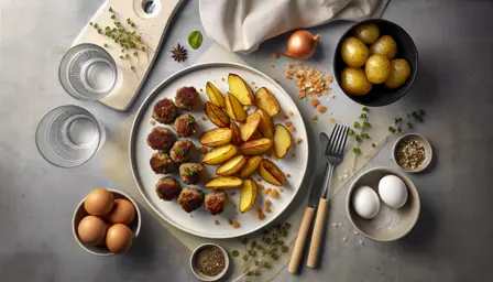 Saftige frikadeller med sprøde ristede kartofler på hvid tallerken