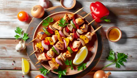 Saftige grillmarinerede kyllingespyd med farverige sommergrøntsager