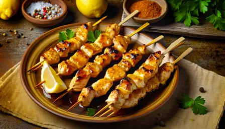 Saftige grillmarinerede kyllingespyd med honning og sennep