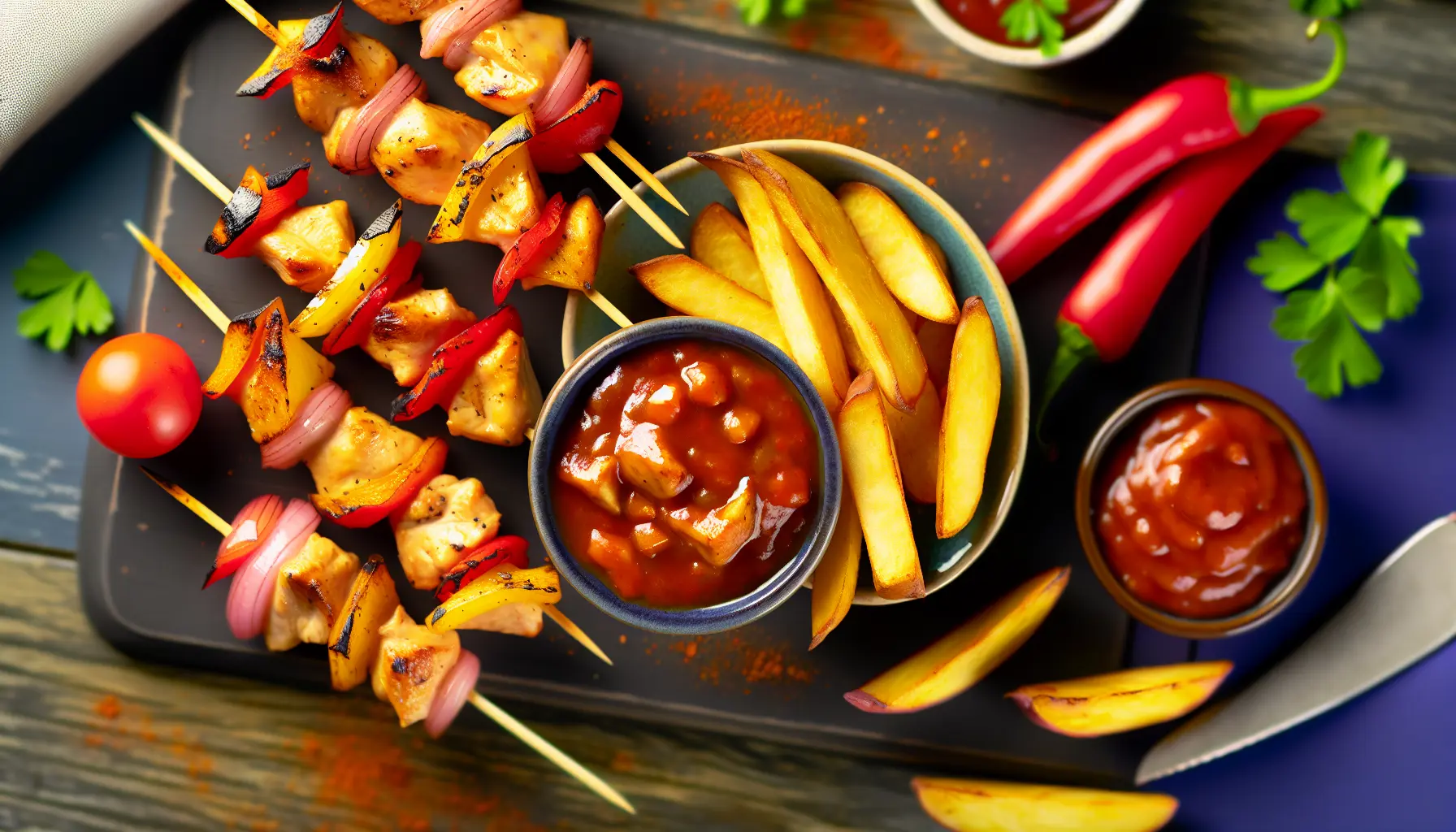 Saftige kyllingespyd med BBQ-dip og ovnfritter