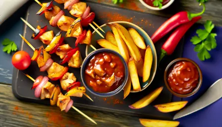 Saftige kyllingespyd med BBQ-dip og ovnfritter