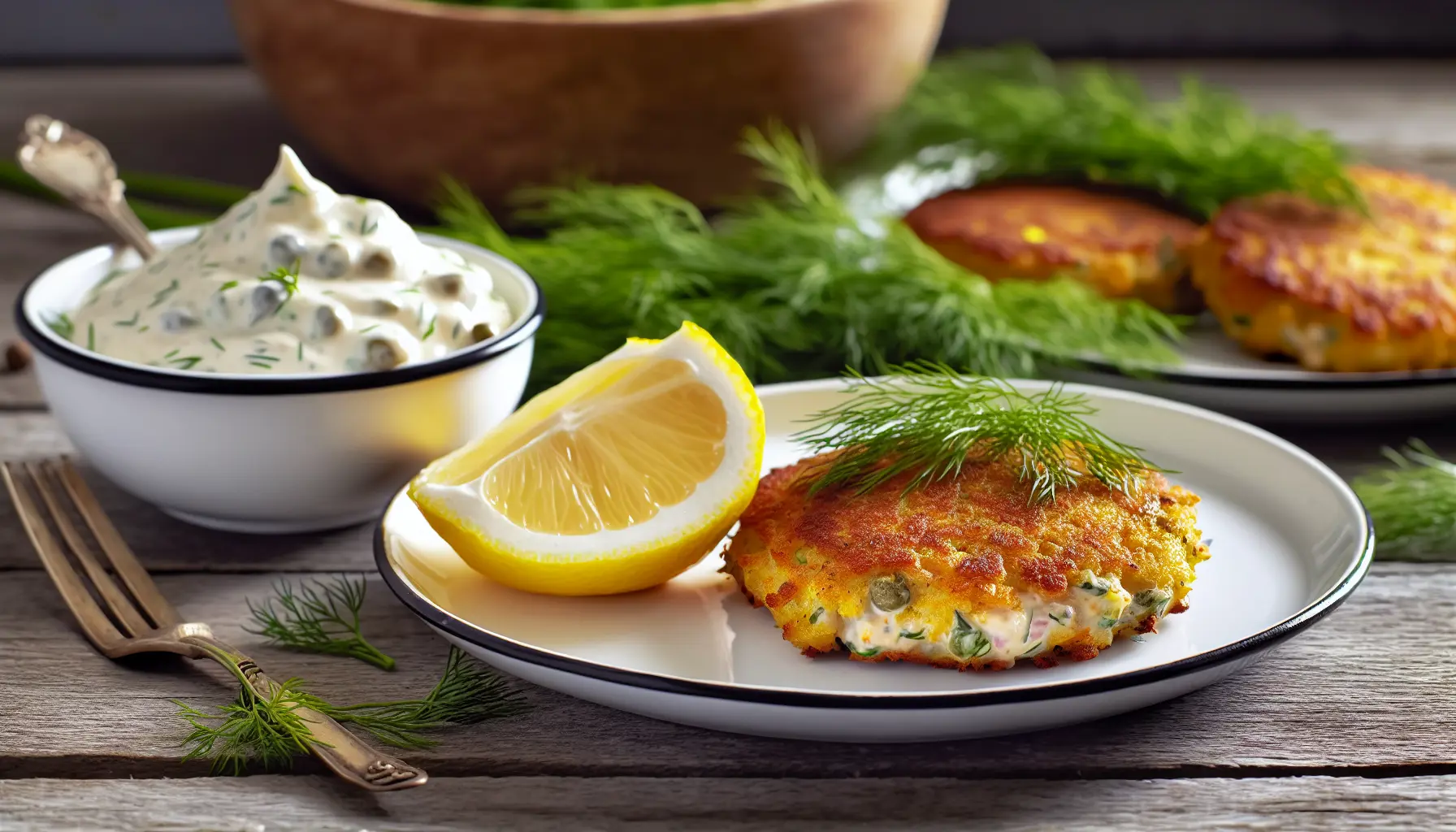 Saftige fiskefrikadeller med citronremoulade på tallerken