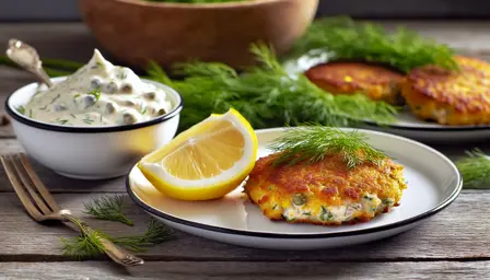 Saftige fiskefrikadeller med citronremoulade på tallerken