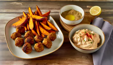 Saftige kødboller med sprøde søde kartoffelbåde og cremet remoulade