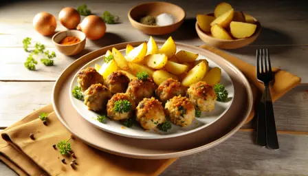 Saftige kyllingefrikadeller med gyldne stegte kartofler i airfryer