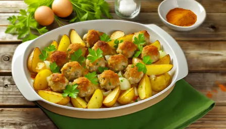Saftige kyllingefrikadeller med ovnbagte kartofler og frisk persille