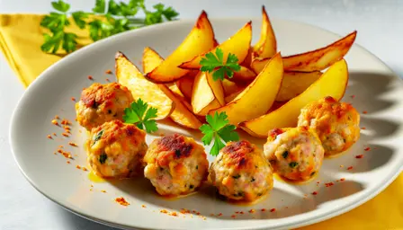 Saftige luftige kyllingefrikadeller med gyldne kartoffelbåde