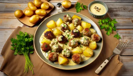 Saftige Mini-Frikadeller med Persillesovs og Ovnkartofler