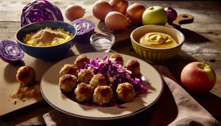 Saftige mini frikadeller med rødkålssalat og sennepsdressing