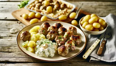 Saftige ovnbagte frikadeller med cremet kartoffelsalat
