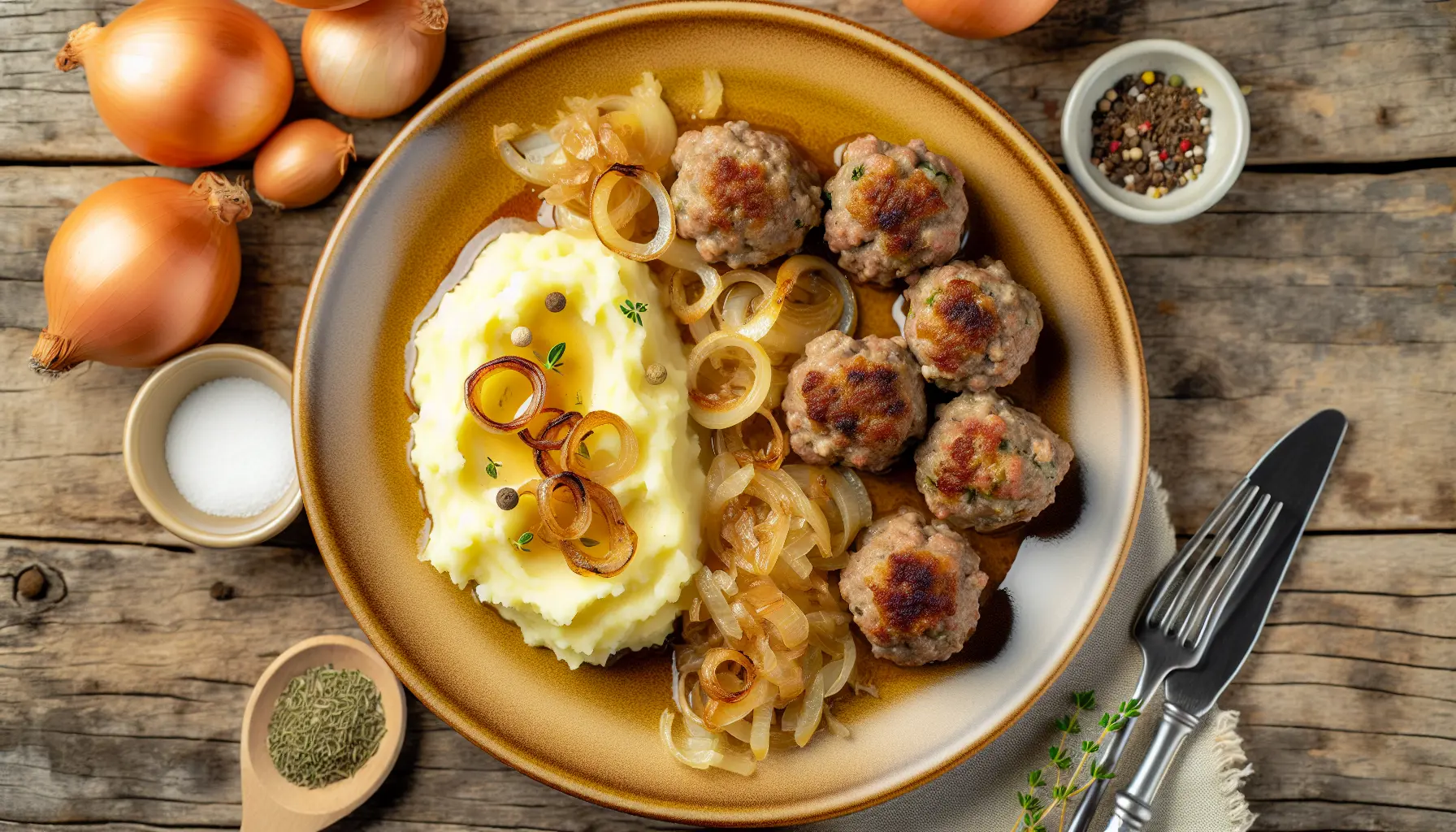 Saftige ovnbagte kødboller med cremet kartoffelmos og karamelliserede løg