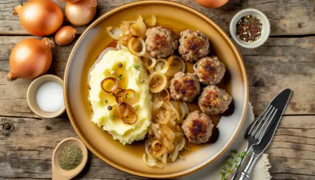 Saftige ovnbagte kødboller med cremet kartoffelmos og karamelliserede løg