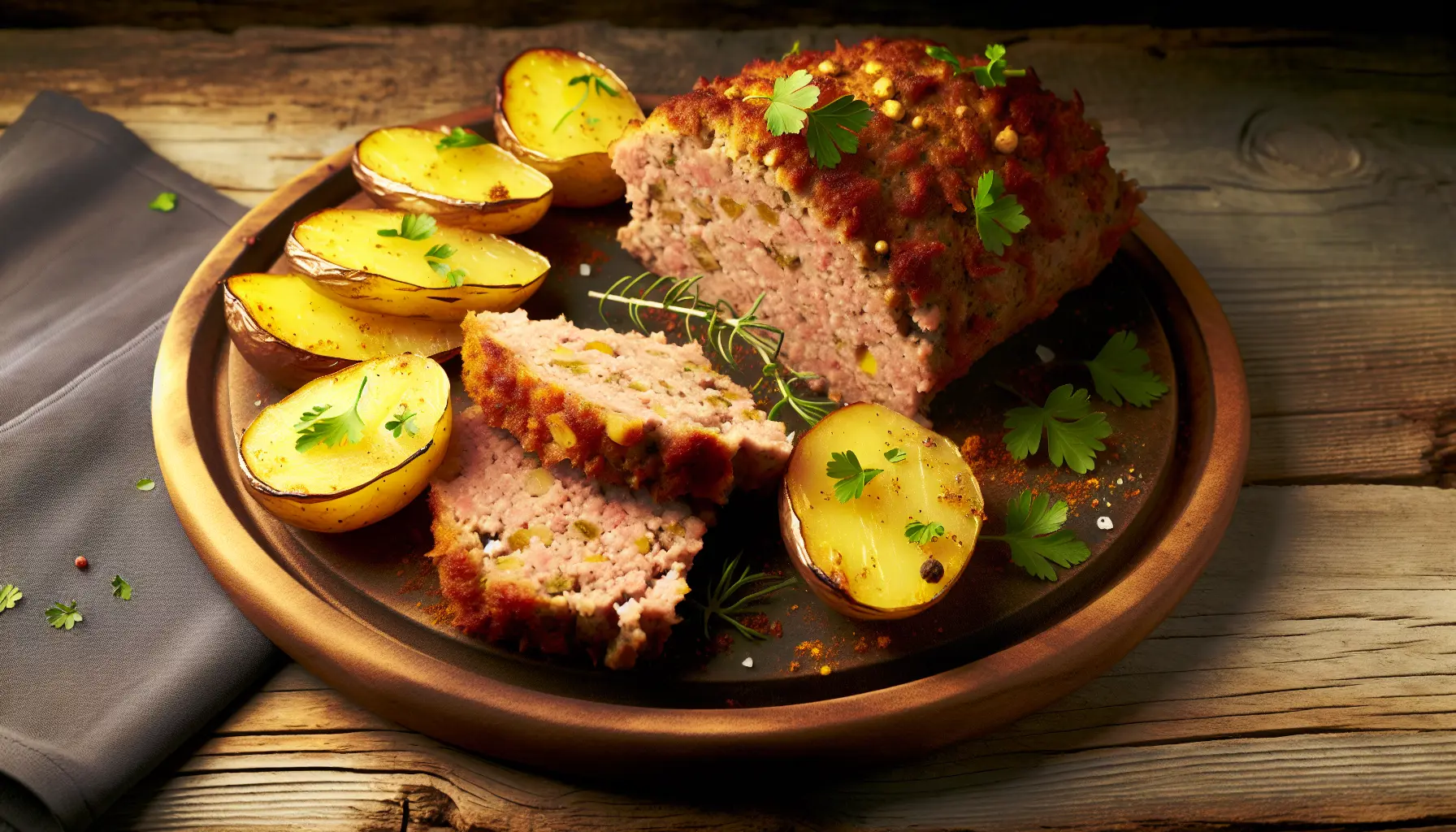 Saftigt farsbrød med gyldne sprøde kartoffelskiver