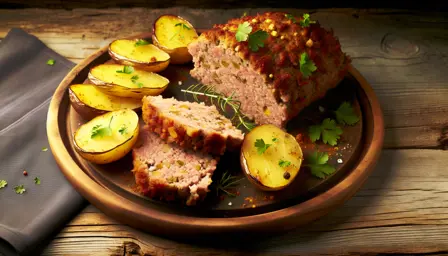 Saftigt farsbrød med gyldne sprøde kartoffelskiver