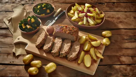 Saftigt farsbrød med sprøde ristede kartofler og grønkålssalat