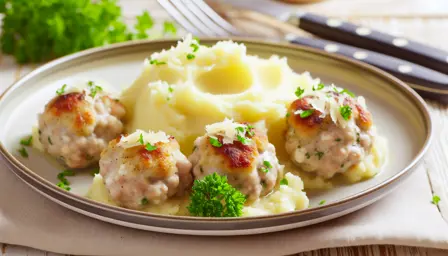 Saftige hjerteformede kyllingefrikadeller med cremet kartoffelmos