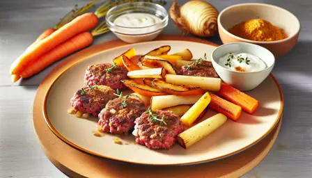 Saftige mini-bøffer med karamelliserede rodfrugter i airfryer