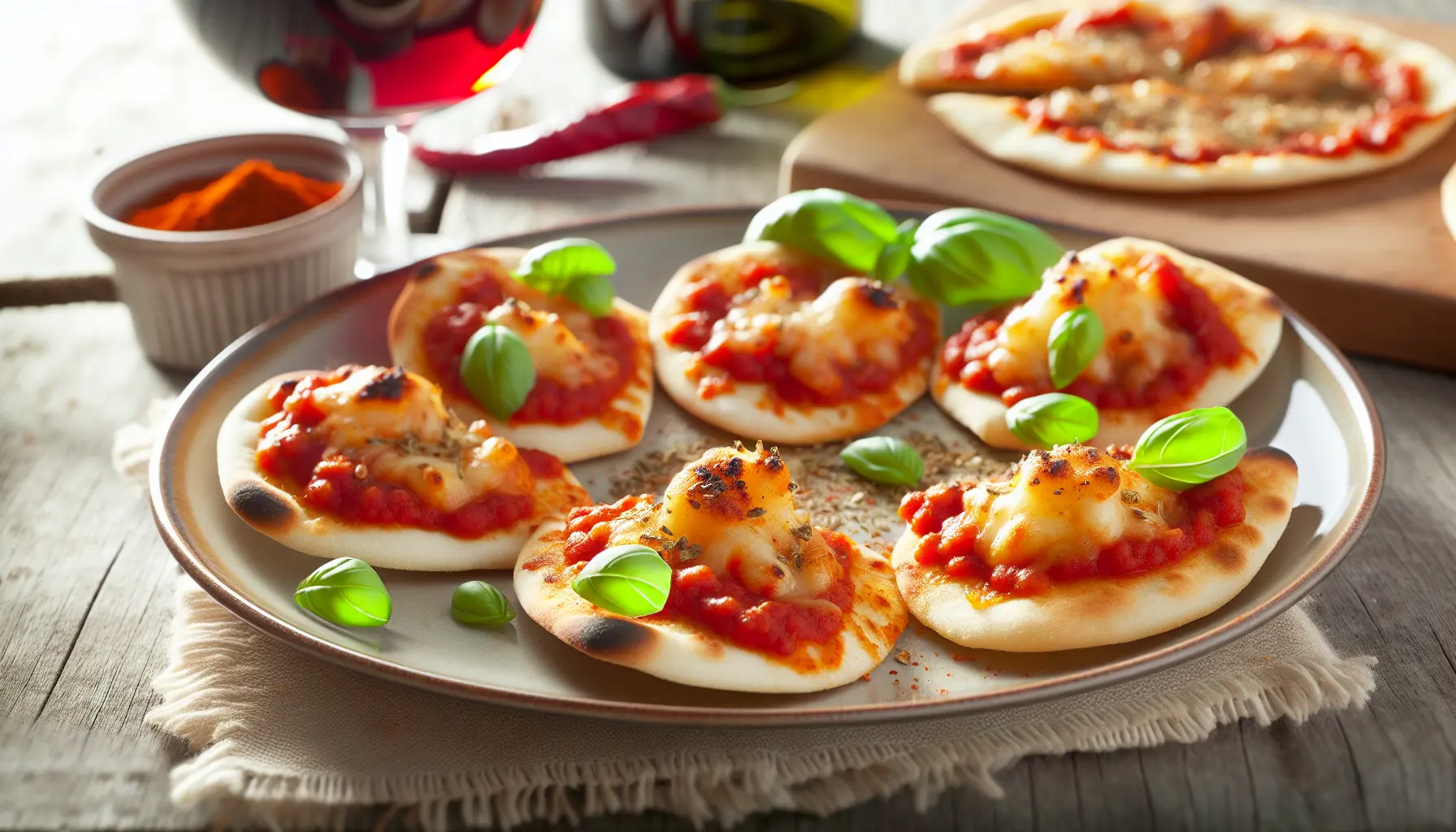 Sprøde mini pizza-snacks med krydret tomatsauce og smeltet ost