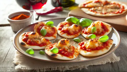 Sprøde mini pizza-snacks med krydret tomatsauce og smeltet ost