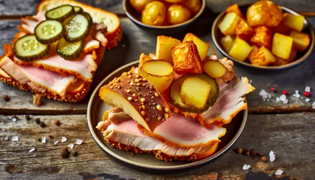 Sprød Flæskestegssandwich med Syltede Agurker og Gyldne Kartoffeltern