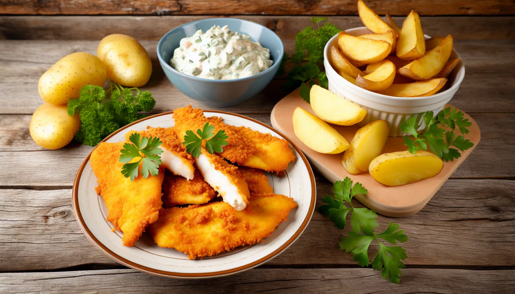 Sprøde fiskefileter med hjemmelavet remoulade og luftige kartoffelbåde