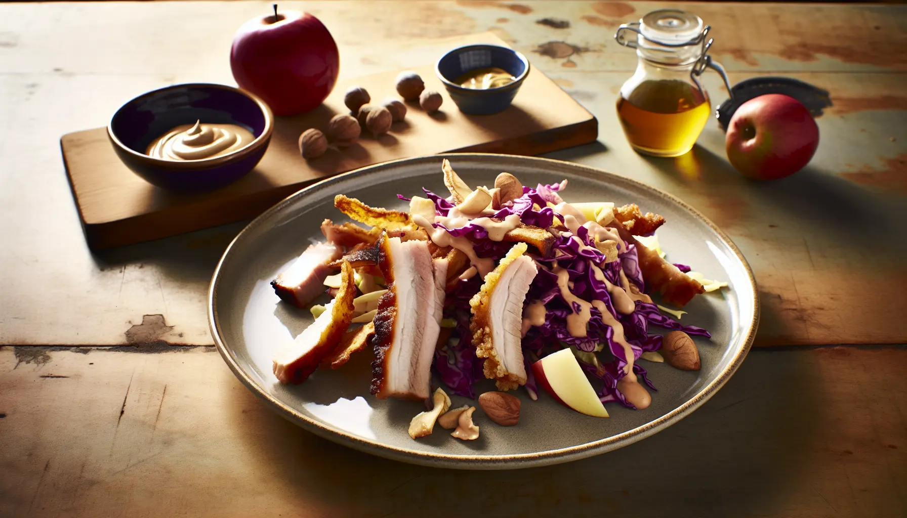 Sprøde flæskestegschips med frisk rødkålssalat og sennepscreme