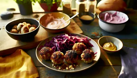 Sprøde Frikadeller med Karamelliseret Rødkål og Sennepsdip