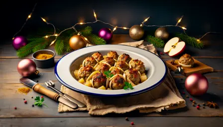 Sprøde Julefrikadeller med Karryristede Æbler
